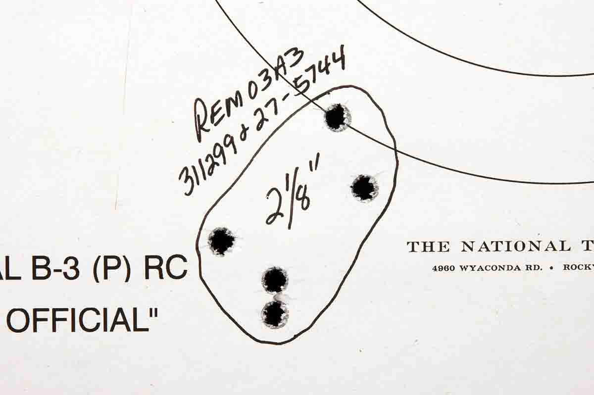 This group was fired from a Remington Model ’03A3 using Lyman 311299 bullets and 27 grains of A-5744 powder.